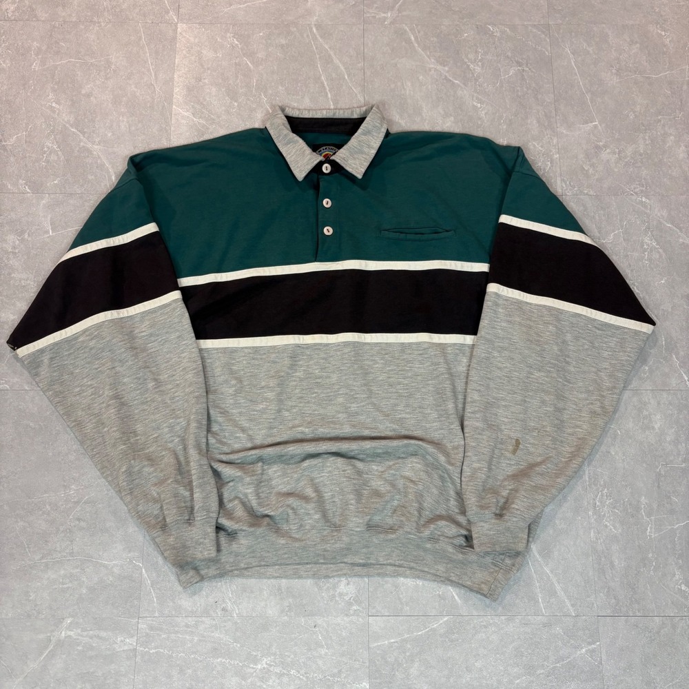 Vintage Static International Colorblock Polo Sweatshirt Teal Black Grey Mens XL